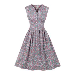 Vintage Floral Print V Neckline Front Button Sleeveless High Waist Cocktail Swing Dress N22099