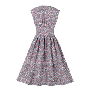 Vintage Floral Print V Neckline Front Button Sleeveless High Waist Cocktail Swing Dress N22099