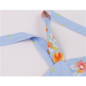 Retro Floral Print Wide Shoulder Straps High Waist Summer Beach Rockabilly Swing Dress N21851