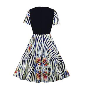 Fashion Wavy and Floral Pattern V Neck Short Sleeves Midi Dress N19517
