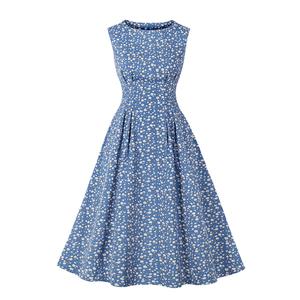 Vintage Floral Print Round Neckline Sleeveless High Waist Summer Cocktail Party Midi Dress N22227