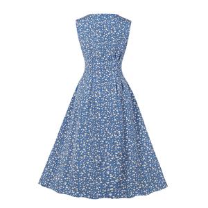 Vintage Floral Print Round Neckline Sleeveless High Waist Summer Cocktail Party Midi Dress N22227