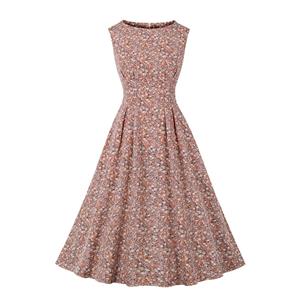 Vintage Floral Print Round Neckline Sleeveless High Waist Summer Cocktail Party Midi Dress N22228