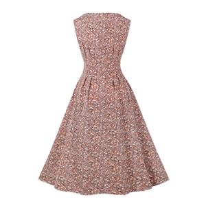 Vintage Floral Print Round Neckline Sleeveless High Waist Summer Cocktail Party Midi Dress N22228