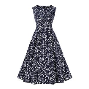 Vintage Floral Print Round Neckline Sleeveless High Waist Summer Cocktail Party Midi Dress N22229