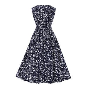 Vintage Floral Print Round Neckline Sleeveless High Waist Summer Cocktail Party Midi Dress N22229