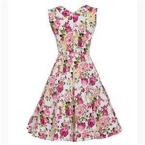 Vintage Pink Floral Printed Pleated Sweetheart Neckline Sleeveless Midi Swing Dress N18134