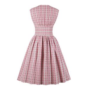 Vintage Pink Floral Print V Neck Sleeveless High Waist Swing Dress N18667