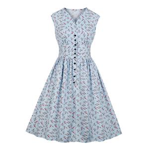 Vintage Light-blue Floral Print V Neck Sleeveless Front Button High Waist Swing Dress N19071