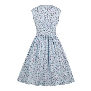 Vintage Light-blue Floral Print V Neck Sleeveless Front Button High Waist Swing Dress N19071