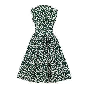 Vintage Dark-green Floral Print V Neck Sleeveless Front Button High Waist Swing Dress N19072