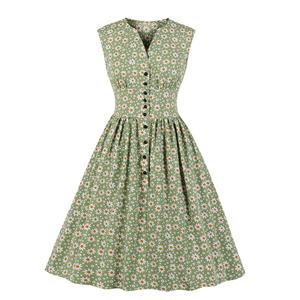 Vintage Daisy Print V Neck Sleeveless Front Button High Waist Summer Swing Dress N20436