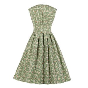 Vintage Daisy Print V Neck Sleeveless Front Button High Waist Summer Swing Dress N20436