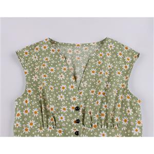 Vintage Daisy Print V Neck Sleeveless Front Button High Waist Summer Swing Dress N20436