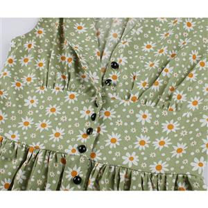 Vintage Daisy Print V Neck Sleeveless Front Button High Waist Summer Swing Dress N20436