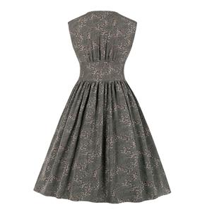 Vintage Floral Print V Neck Sleeveless Front Button High Waist Summer Swing Dress N20437