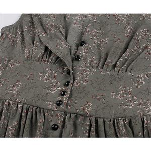 Vintage Floral Print V Neck Sleeveless Front Button High Waist Summer Swing Dress N20437