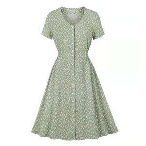 Vintage Floral Print V Neckline Short Sleeves Front Button High Waist Summer Swing Dress N21720