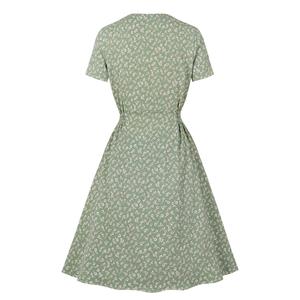 Vintage Floral Print V Neckline Short Sleeves Front Button High Waist Summer Swing Dress N21720