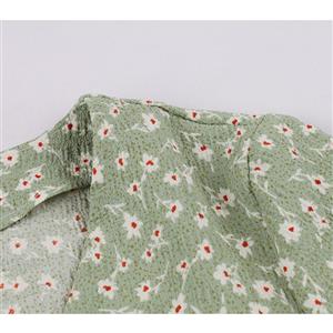 Vintage Floral Print V Neckline Short Sleeves Front Button High Waist Summer Swing Dress N21720