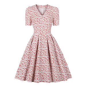 Vintage Floral Print V Neckline Short Sleeves High Waist Summer Tea Party A-line Dress N21721