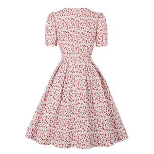 Vintage Floral Print V Neckline Short Sleeves High Waist Summer Tea Party A-line Dress N21721