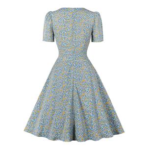 Vintage Floral Print V Neckline Short Sleeves High Waist Summer Tea Party Swing Dress N21728