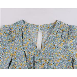 Vintage Floral Print V Neckline Short Sleeves High Waist Summer Tea Party Swing Dress N21728