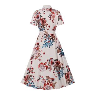 Vintage Floral Print Lapel Short Sleeve Belted Button High Waist Cocktail Party Midi Dress N21854
