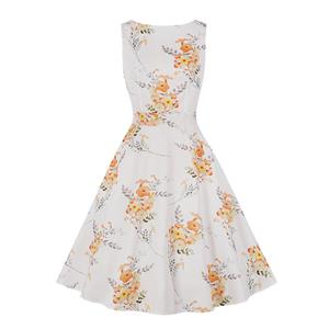 Vintage Floral Print Round Neckline Sleeveless High Waist Summer Cocktail Party Swing Dress N21855