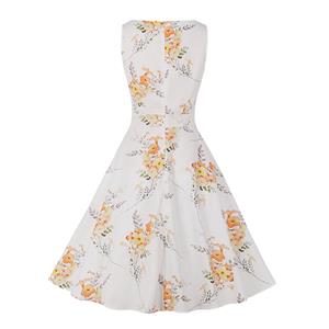 Vintage Floral Print Round Neckline Sleeveless High Waist Summer Cocktail Party Swing Dress N21855