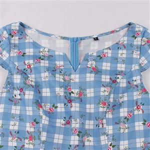 Vintage Flower Pattern V Neck Zipper  Short Sleeve High Waist Summer Daily Swing Dress N22837