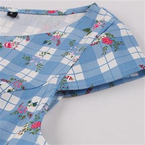 Vintage Flower Pattern V Neck Zipper  Short Sleeve High Waist Summer Daily Swing Dress N22837