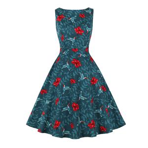 Vintage Flower and Bird Print Round Neckline Sleeveless High Waist Cocktail Party Midi Dress N21866