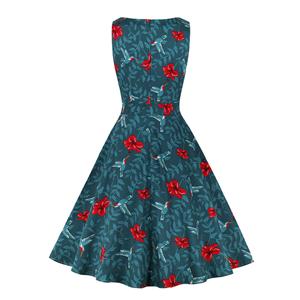 Vintage Flower and Bird Print Round Neckline Sleeveless High Waist Cocktail Party Midi Dress N21866