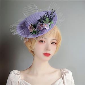 Retro Purple Flowers and Fishnet Fascinator Lolita Bowler-hat Princess Cosplay Accessory J21684