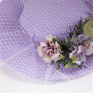 Retro Purple Flowers and Fishnet Fascinator Lolita Bowler-hat Princess Cosplay Accessory J21684