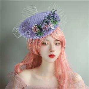 Retro Purple Flowers and Fishnet Fascinator Lolita Bowler-hat Princess Cosplay Accessory J21684