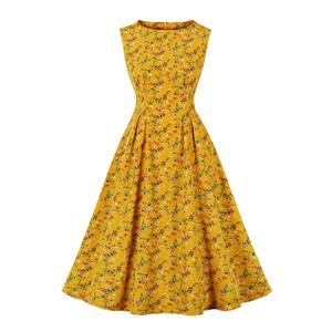 Vintage Floral Print Round Neckline Sleeveless Wide Waistline Cocktail Party Midi Dress N22223