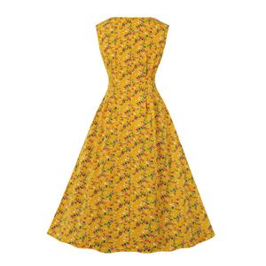 Vintage Floral Print Round Neckline Sleeveless Wide Waistline Cocktail Party Midi Dress N22223