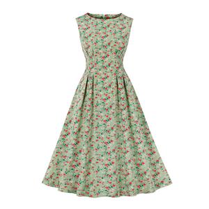 Vintage Floral Print Round Neckline Sleeveless High Waist Summer Party Midi Dress N22225