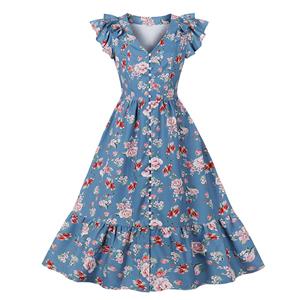 1950s Retro V Neckline Flutter Sleeve Floral Print Front Button Ruffle Summer Swing Dress N22081