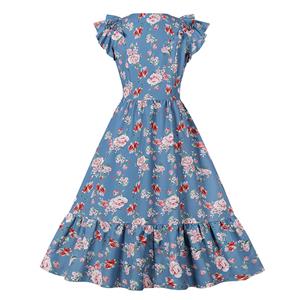 1950s Retro V Neckline Flutter Sleeve Floral Print Front Button Ruffle Summer Swing Dress N22081