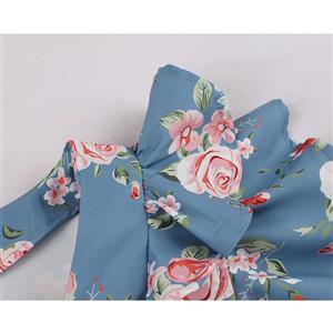 1950s Retro V Neckline Flutter Sleeve Floral Print Front Button Ruffle Summer Swing Dress N22081