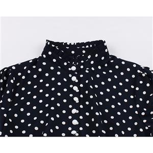 Vintage Frill Collar Polka Dots Front Button Long Sleeve Maxi Dress N19804