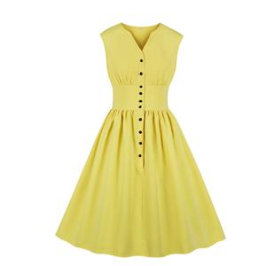 Vintage Rockabilly V Neck Front Button Sleeveless High Waist Cocktail Party Swing Dress N19104