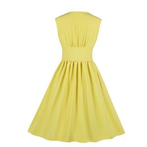 Vintage Rockabilly V Neck Front Button Sleeveless High Waist Cocktail Party Swing Dress N19104