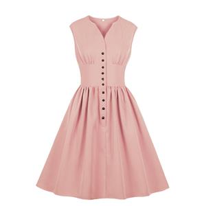 Vintage Rockabilly V Neck Front Button Sleeveless High Waist Cocktail Party Swing Dress N19105