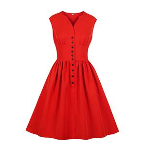 Vintage Rockabilly V Neck Front Button Sleeveless High Waist Cocktail Party Swing Dress N19106