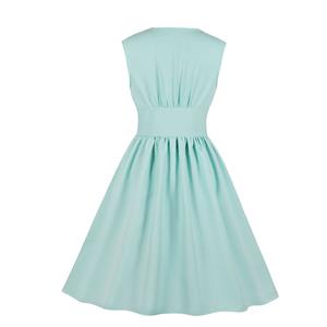 Vintage Rockabilly V Neck Front Button Sleeveless High Waist Cocktail Party Swing Dress N19107